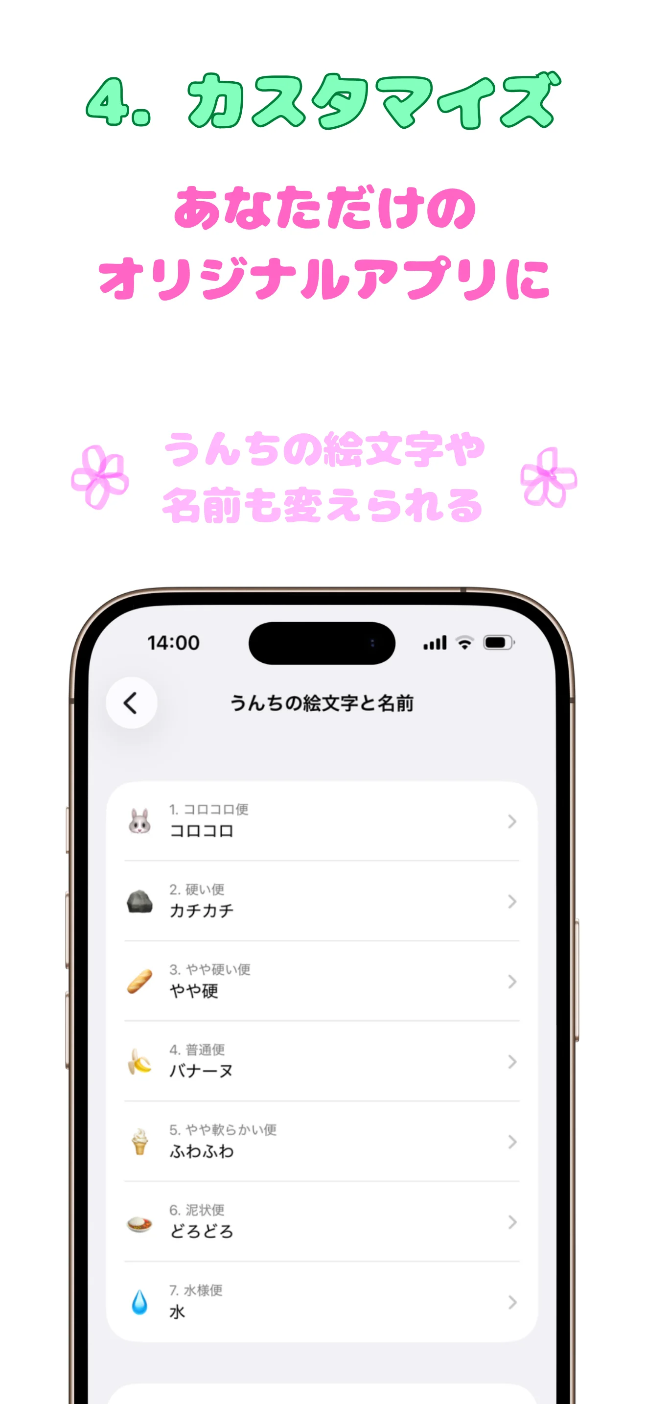 カスタマイズ — うんちの絵文字や名前を変えて、あなただけのオリジナルアプリに